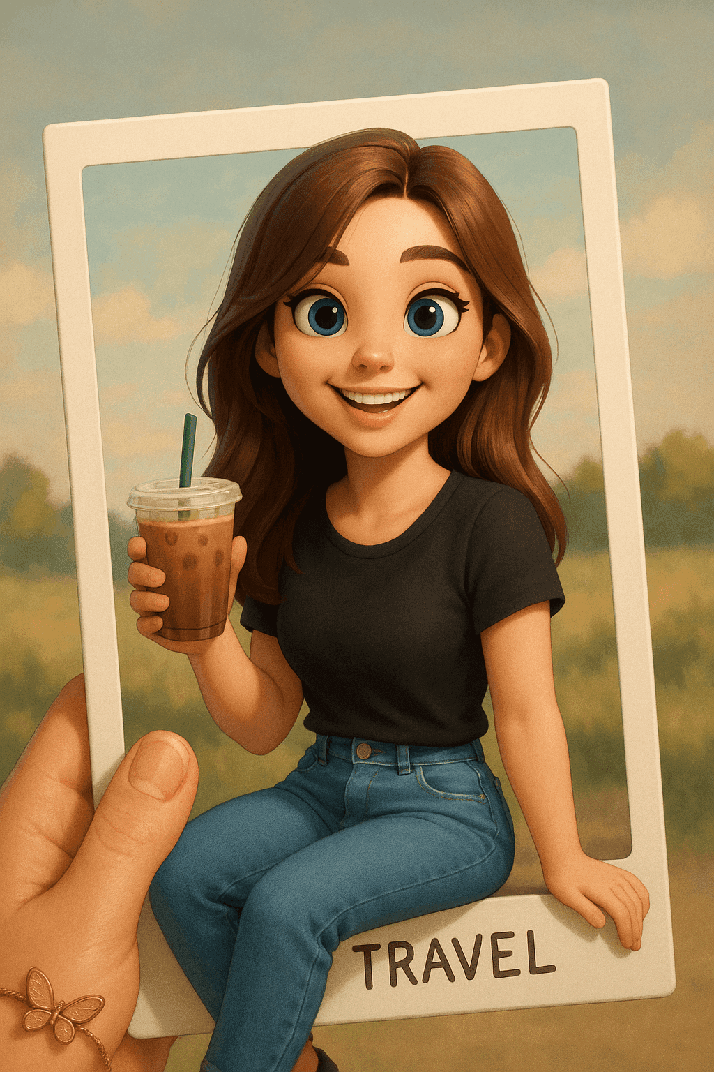 AI Polaroid cartoon style transformation - Original image stylized into nostalgic cartoon design with warm vintage tones